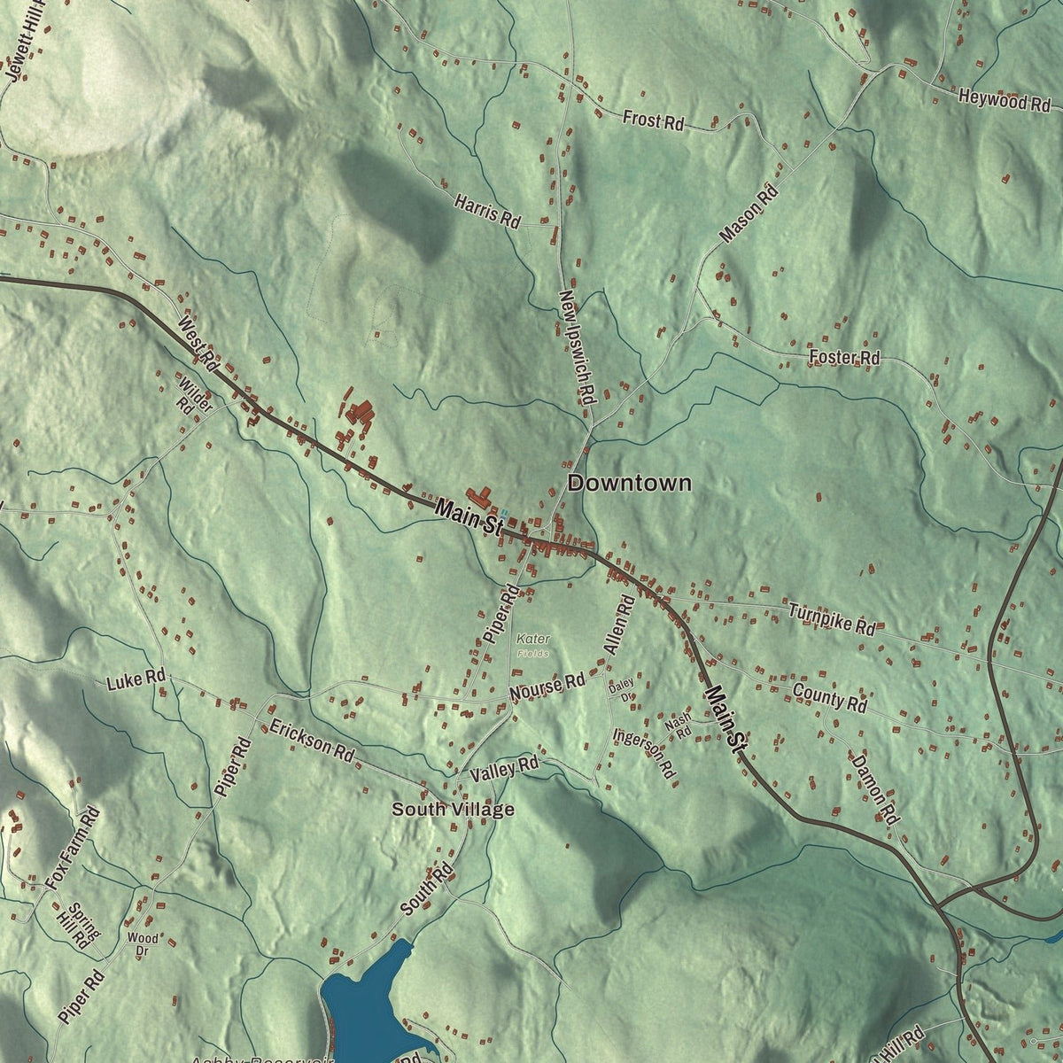 Close-up of the map of Ashby, Massachusetts print showing streets and neighborhoods