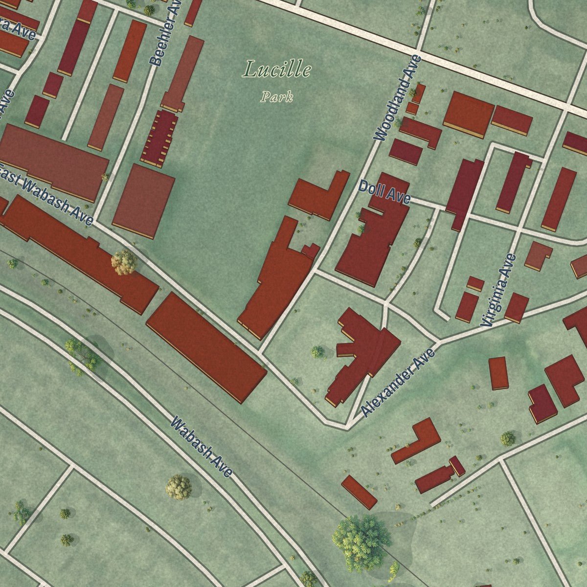Close-up of the map of Lucille Park, Maryland print showing street and building detail