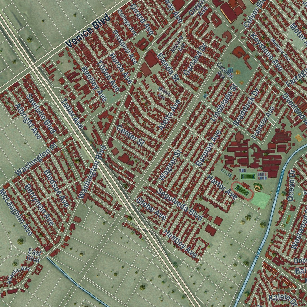 Close-up of the map of Culver City, California print showing street and building detail