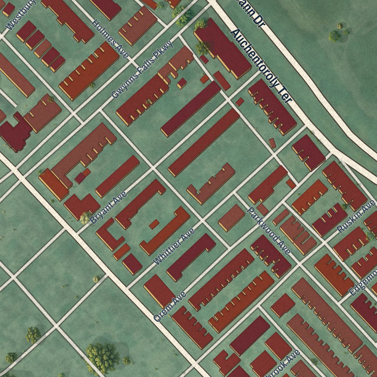 Close-up of the map of Auchentoroly-Parkwood, Maryland print showing street and building detail