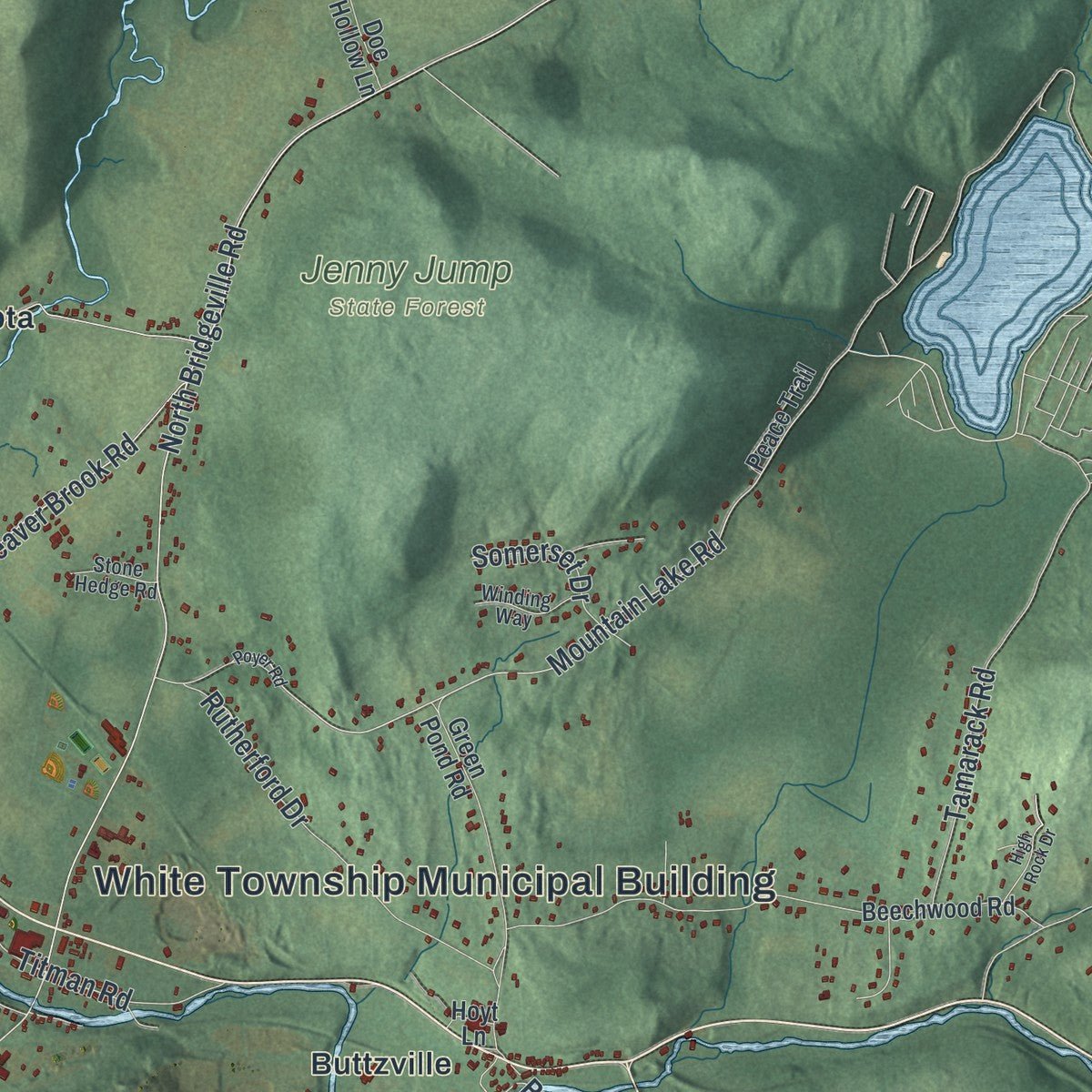 Close-up of the map of White, New Jersey print showing street and building detail