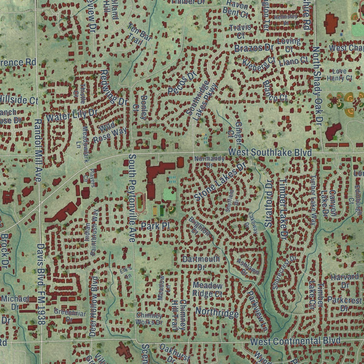 Close-up of the map of Southlake, Texas print showing street and building detail