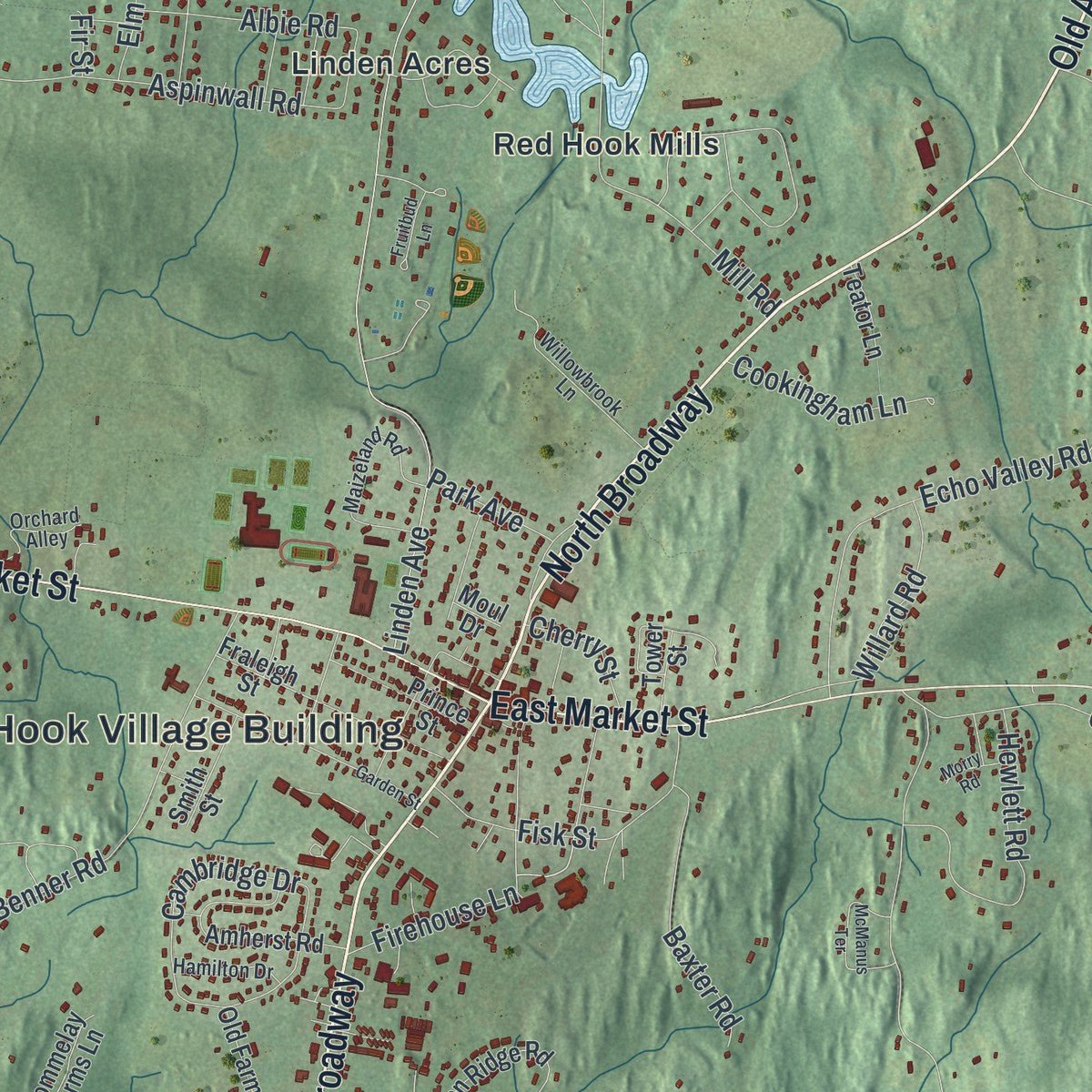 Close-up of the map of the Town of Red Hook, New York print showing street and building detail