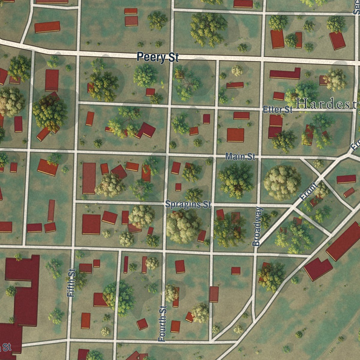Close-up of the map of Hardesty, Oklahoma print showing street and building detail