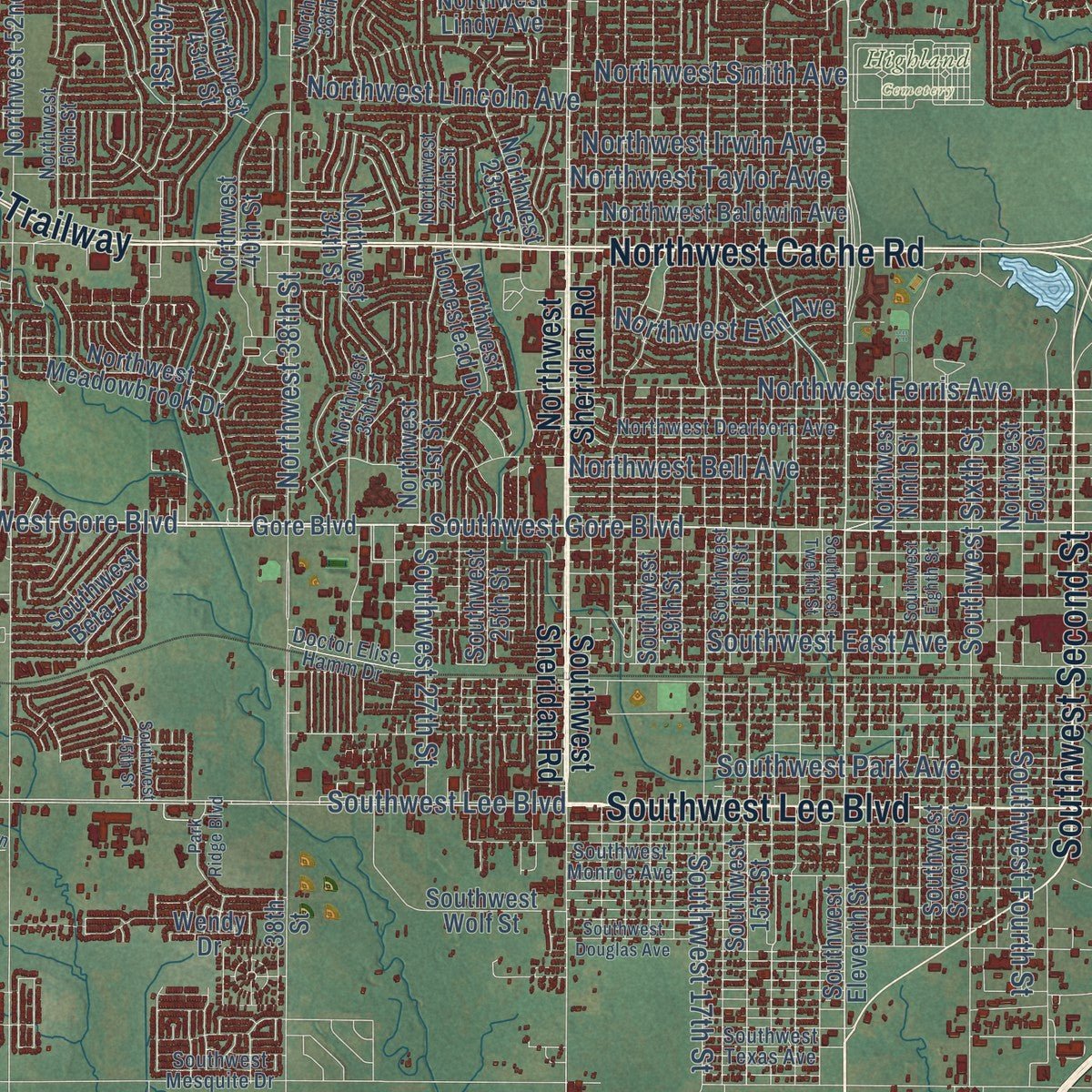 Close-up of the map of Lawton, Oklahoma print showing street and building detail