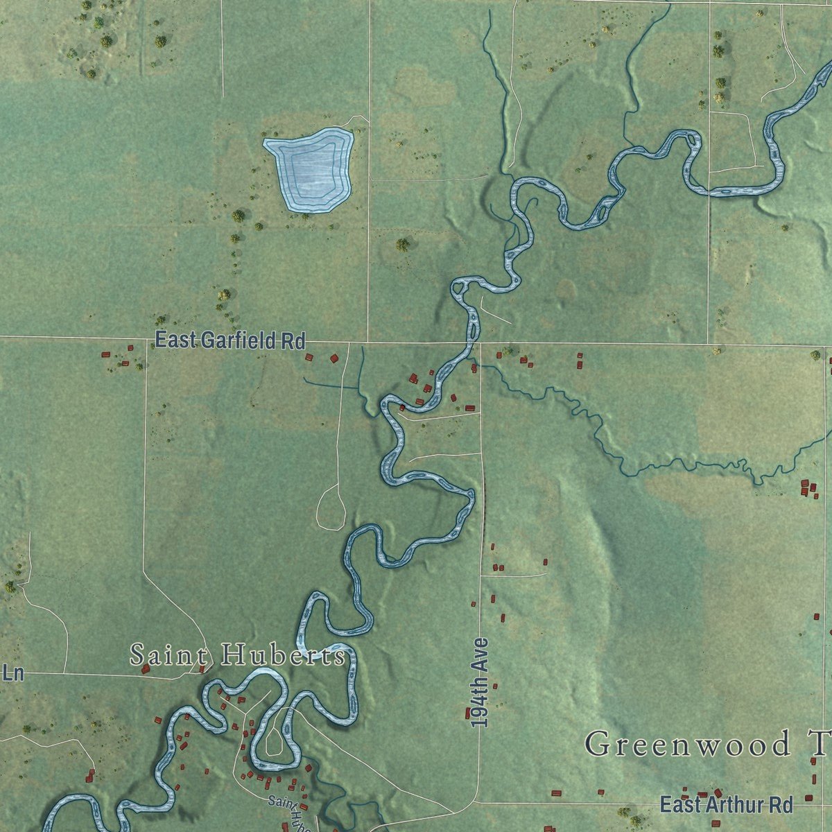 Close-up of the map of Greenwood, Oceana County, Michigan print showing street and building detail