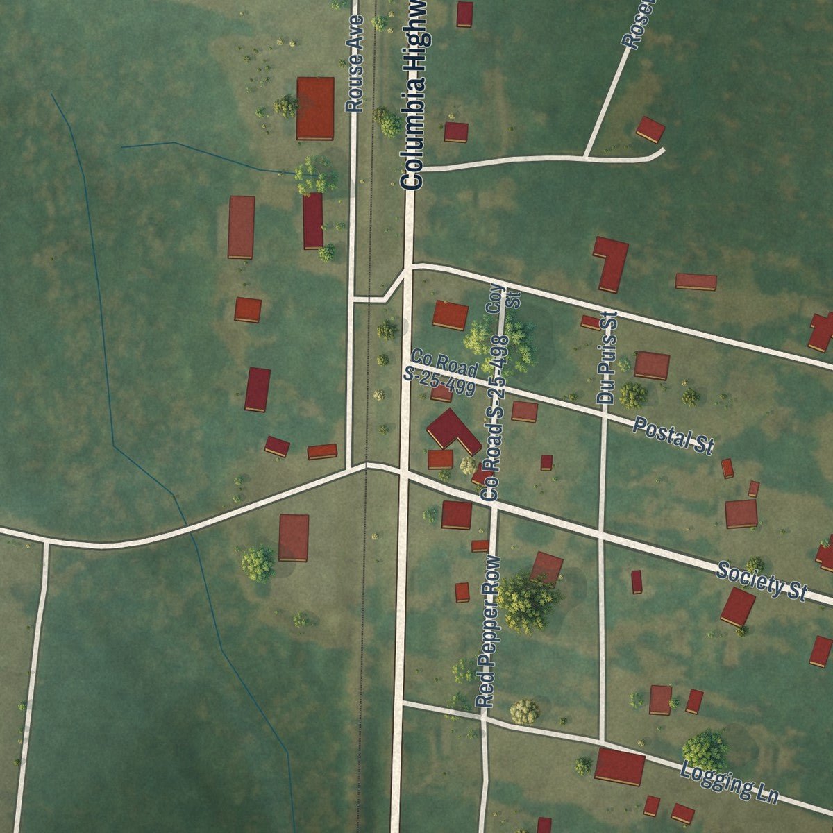 Close-up of the map of Luray, South Carolina print showing street and building detail