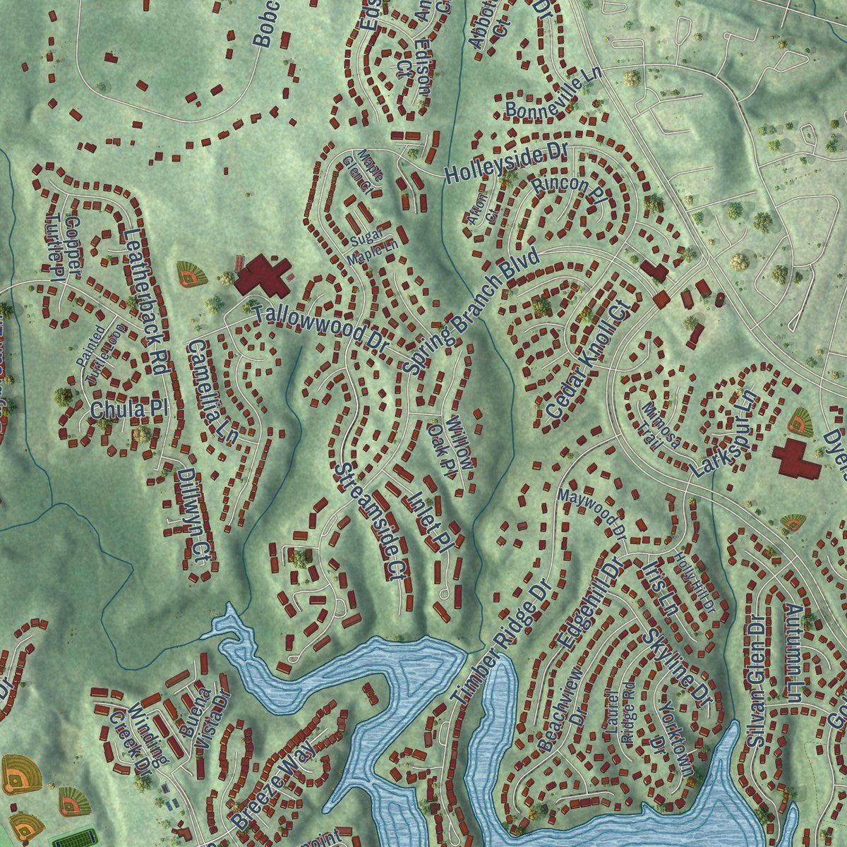 Close-up of the map of Montclair, Virginia print showing street and building detail