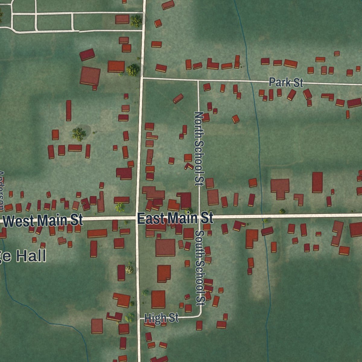Close-up of the map of Orwell, Ohio print showing street and building detail