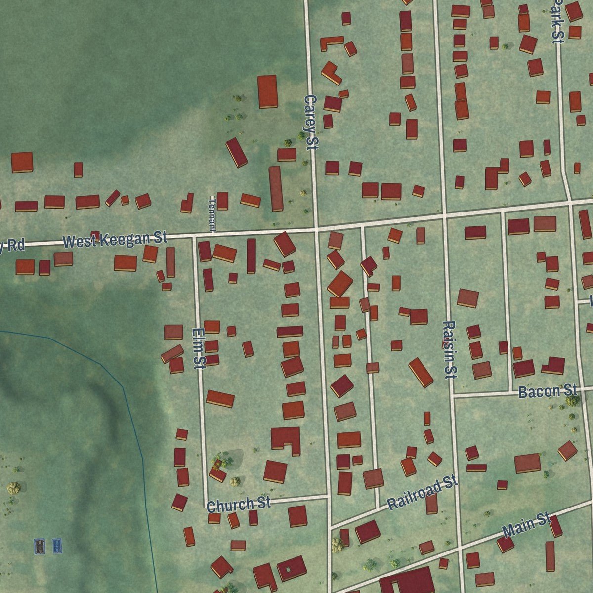 Close-up of the map of Deerfield, Michigan print showing street and building detail