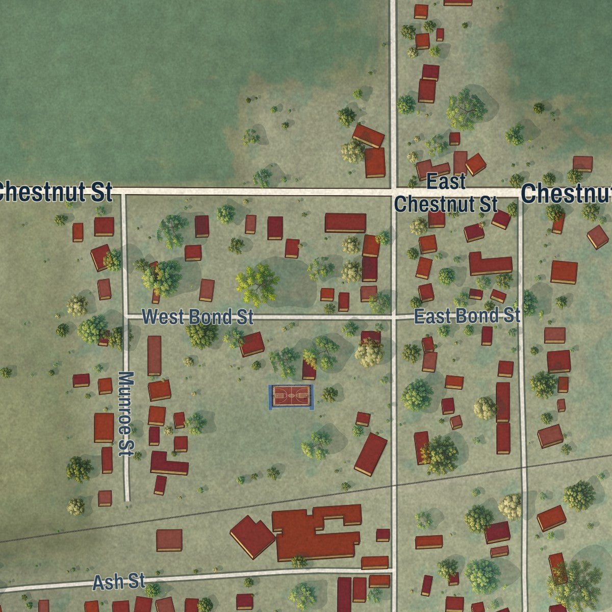 Close-up of the map of Bondville, Illinois print showing street and building detail