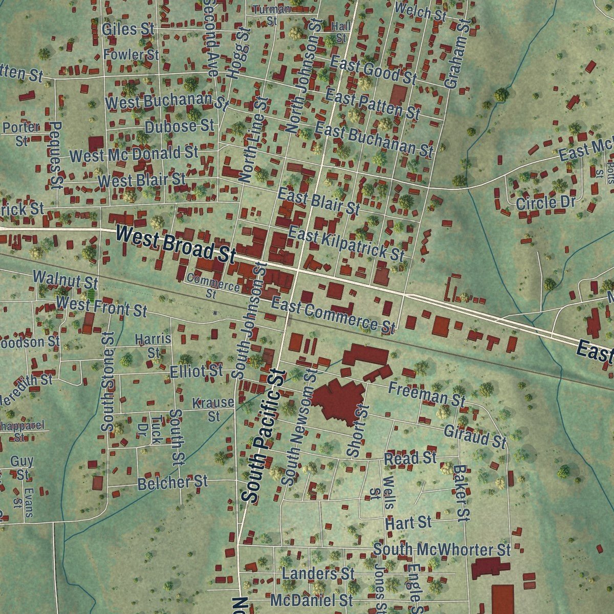 Close-up of the map of Mineola, Texas print showing street and building detail