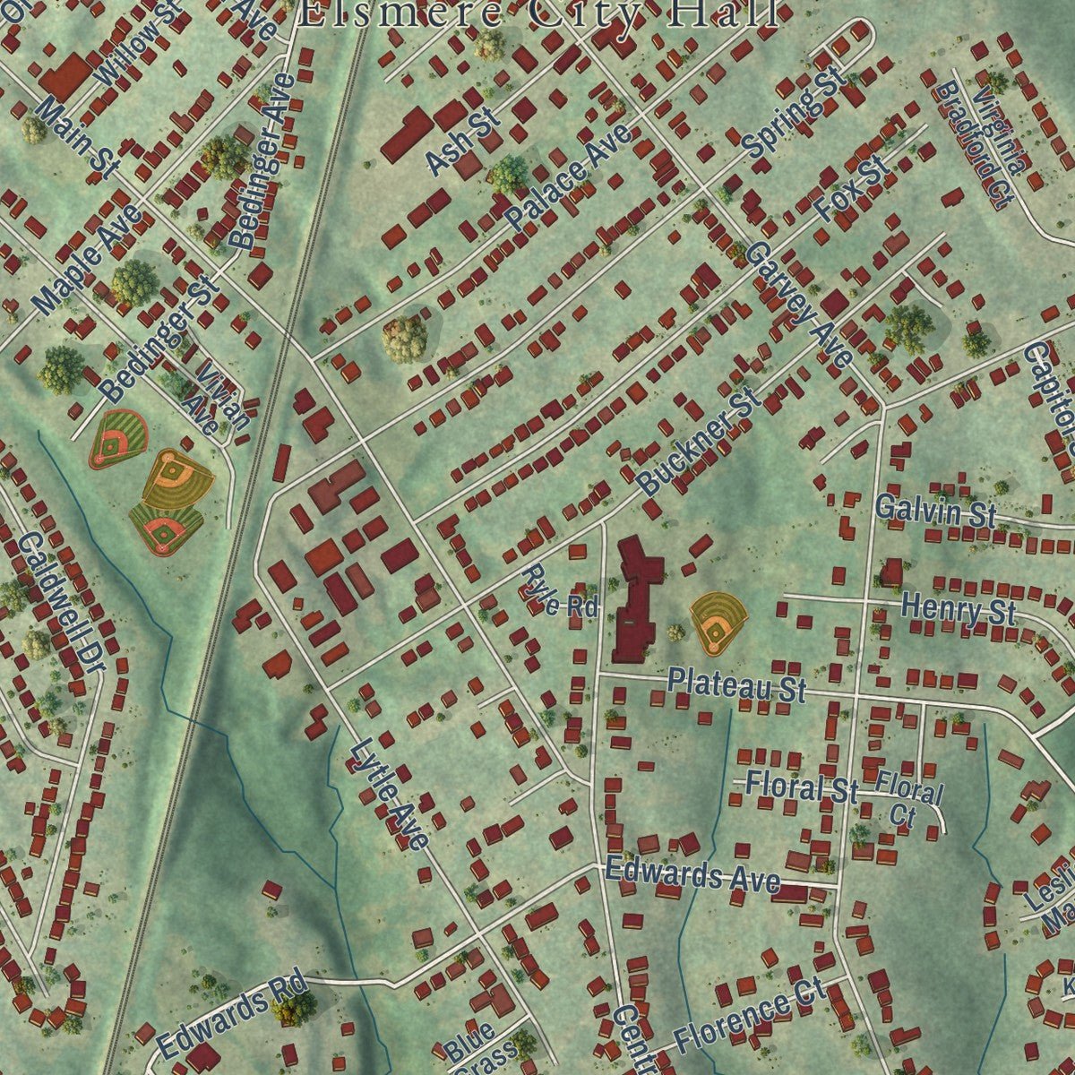 Close-up of the map of Elsmere, Kentucky print showing street and building detail