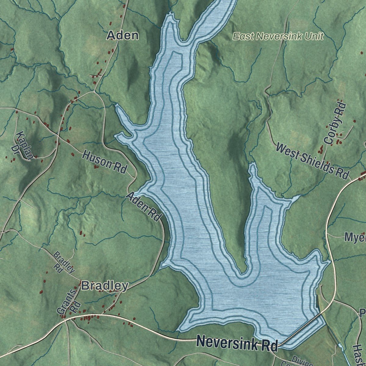 Close-up of the map of Neversink, New York print showing street and building detail