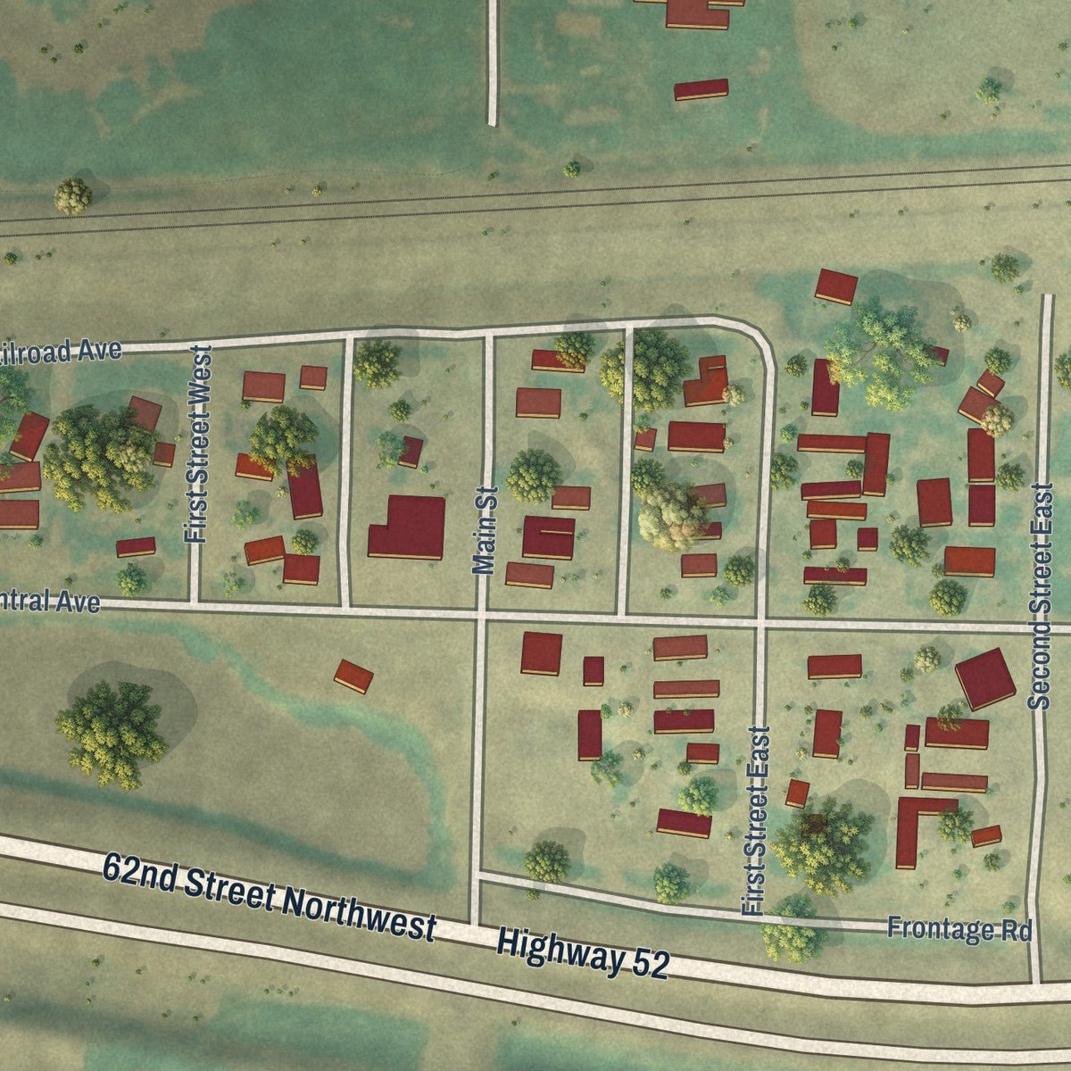 Close-up of the map of Ross, North Dakota print showing street and building detail