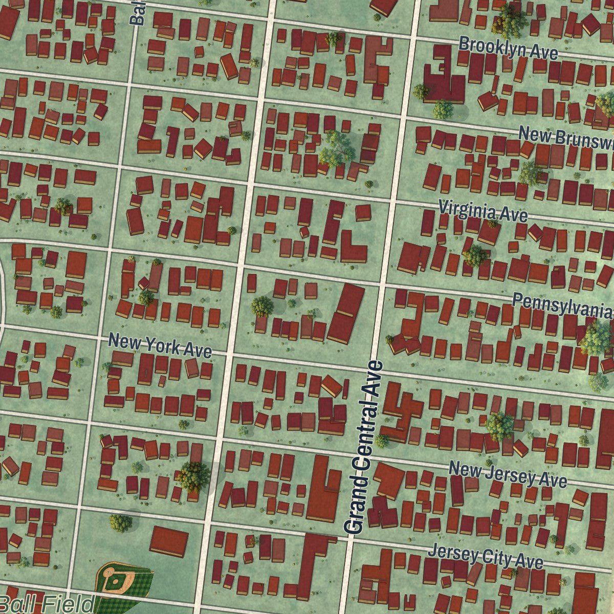 Close-up of the map of Lavallette, New Jersey print showing street and building detail