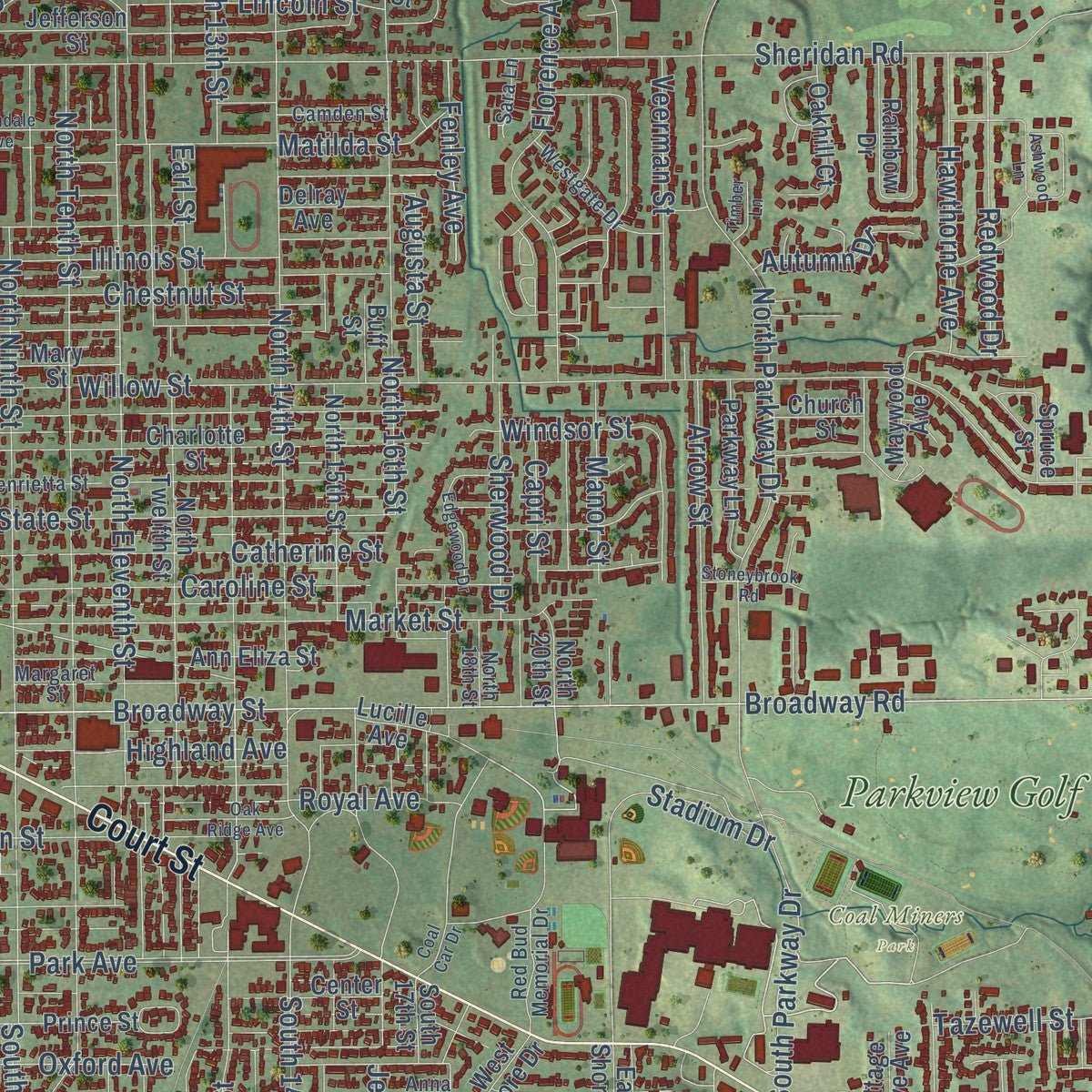 Close-up of the map of Pekin, Illinois print showing street and building detail