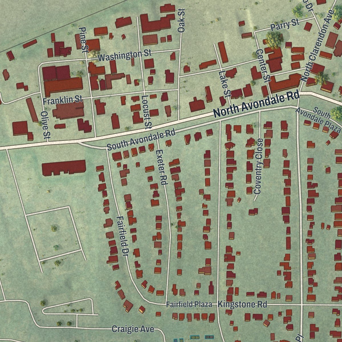 Close-up of the map of Avondale Estates, Georgia print showing street and building detail