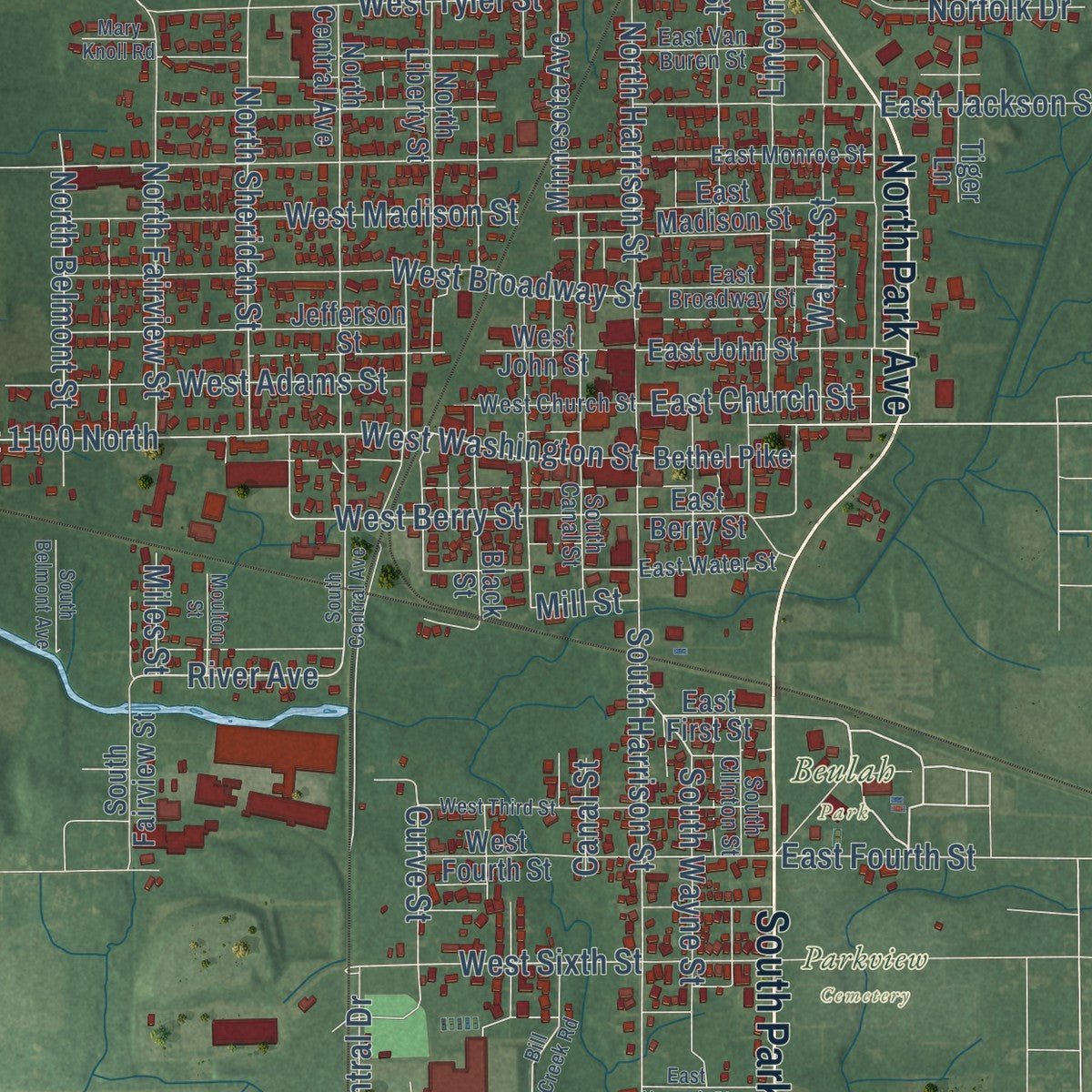 Close-up of the map of Alexandria, Indiana print showing street and building detail