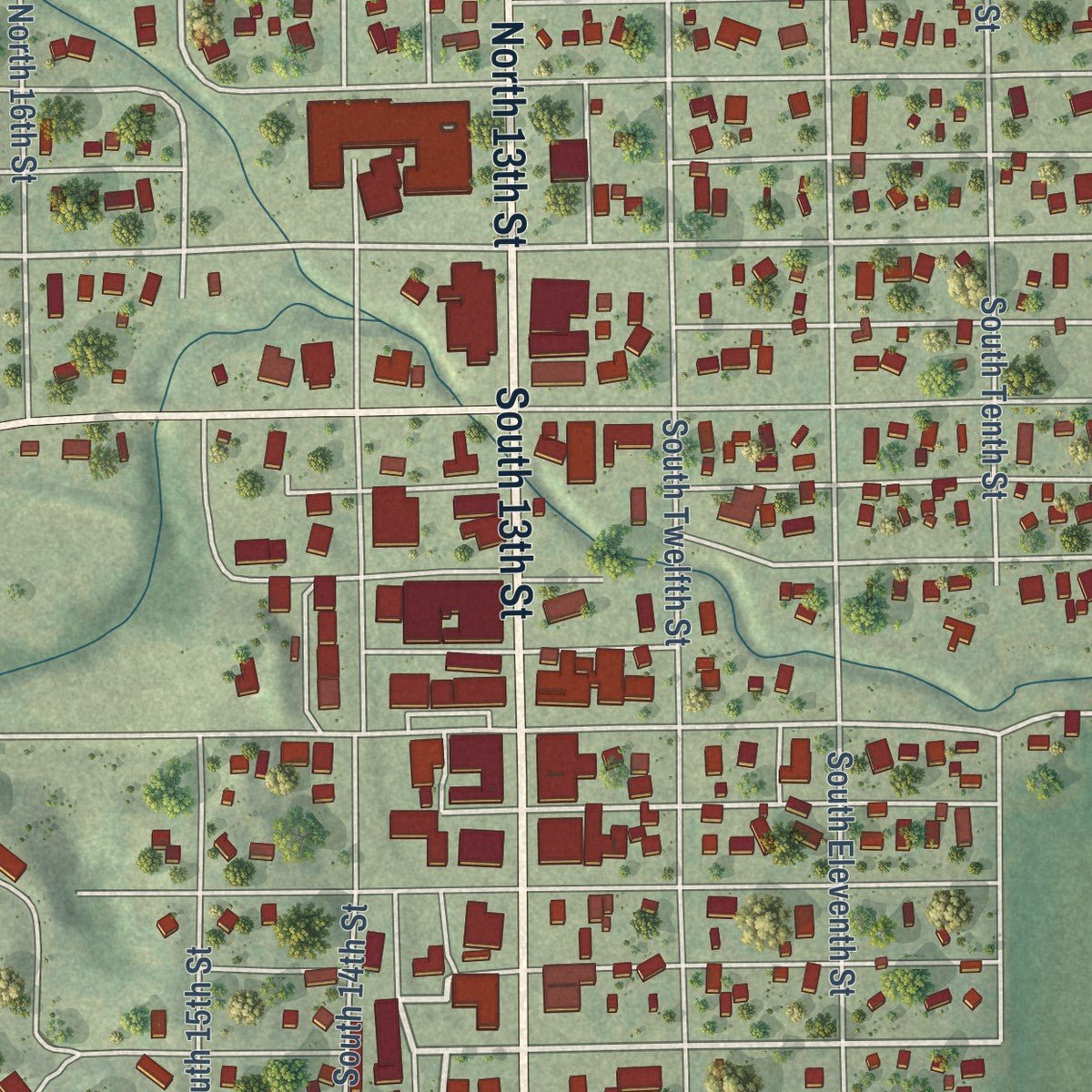 Close-up of the map of Tekamah, Nebraska print showing street and building detail
