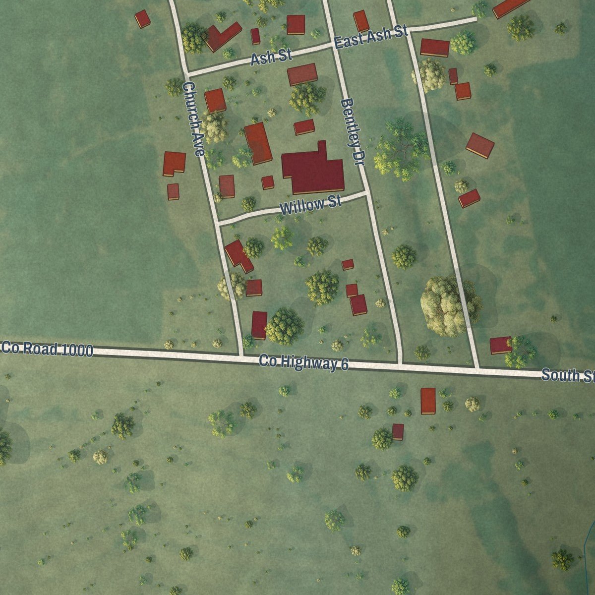 Close-up of the map of Bentley, Illinois print showing street and building detail