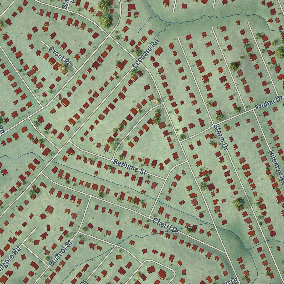 Close-up of the map of Pimmit Hills, Virginia print showing street and building detail