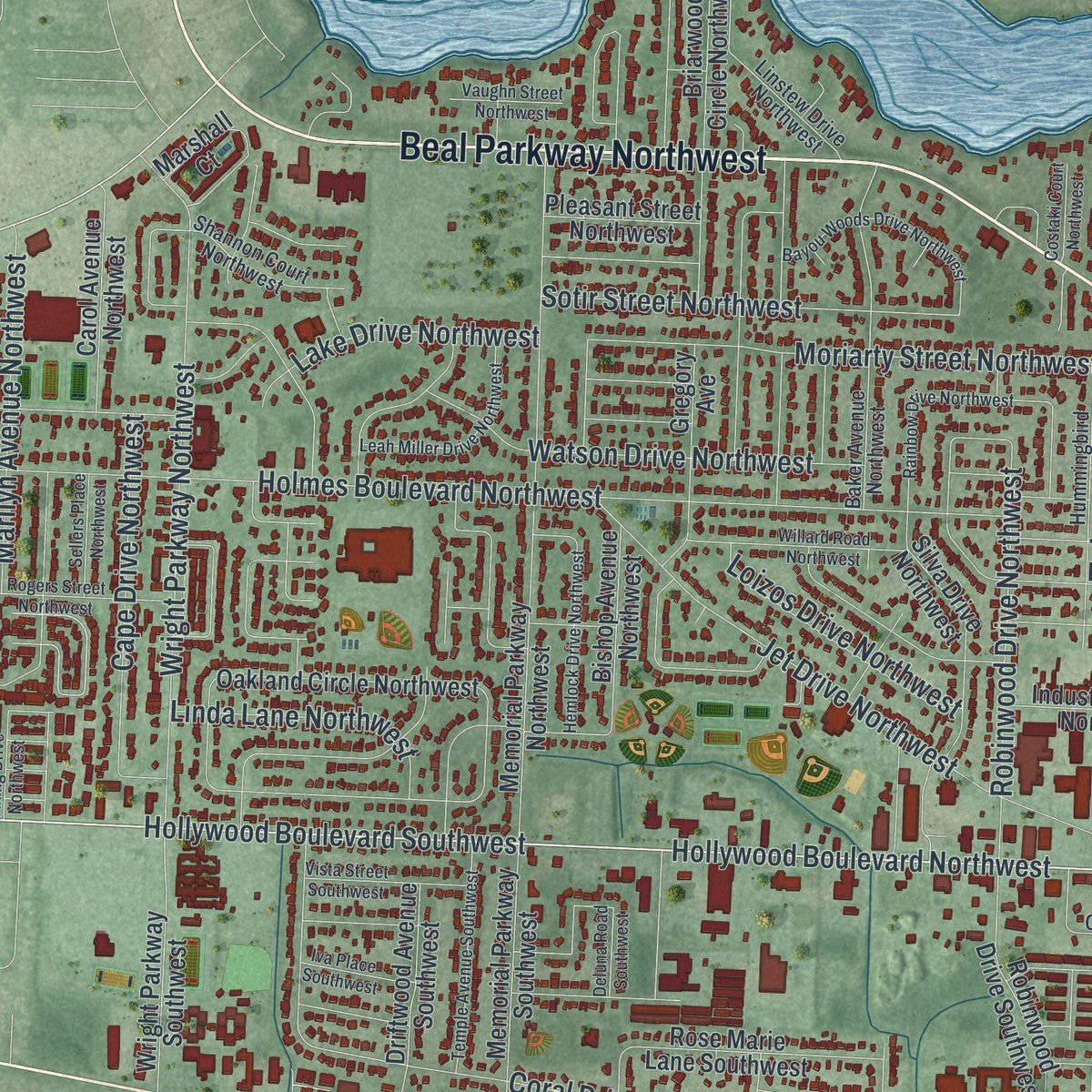 Close-up of the map of Fort Walton Beach, Florida print showing street and building detail