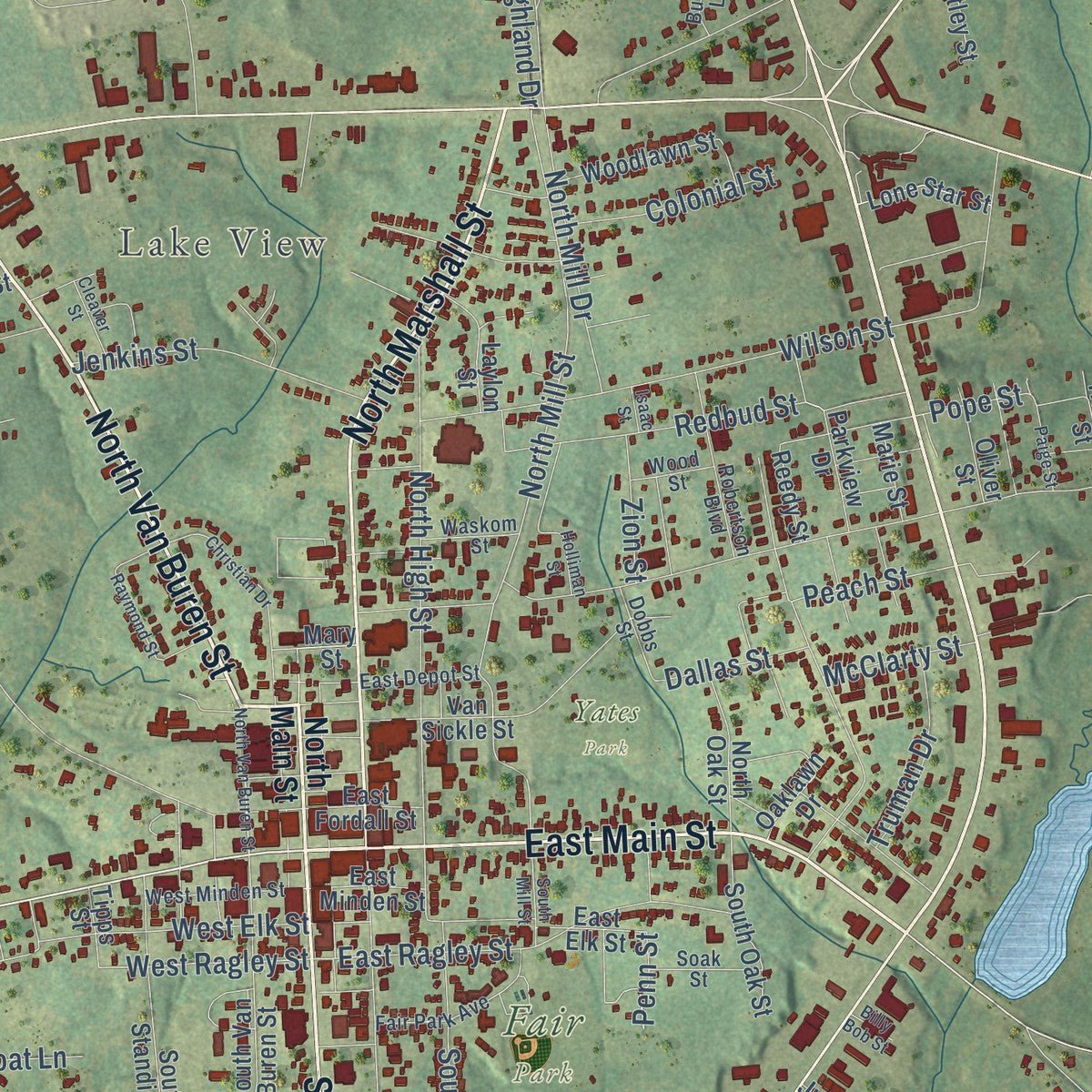 Close-up of the map of Henderson, Texas print showing street and building detail