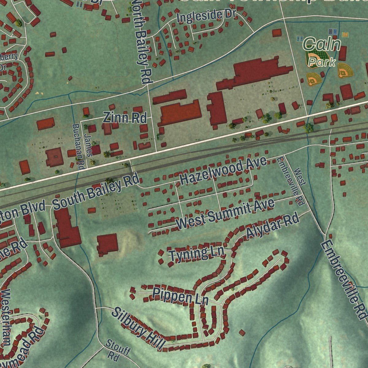 Close-up of the map of Caln, Pennsylvania print showing street and building detail
