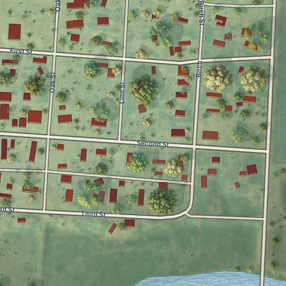 Close-up of the map of Nisland, South Dakota print showing street and building detail