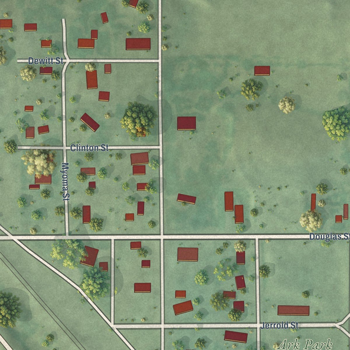 Close-up of the map of Hazard, Nebraska print showing street and building detail