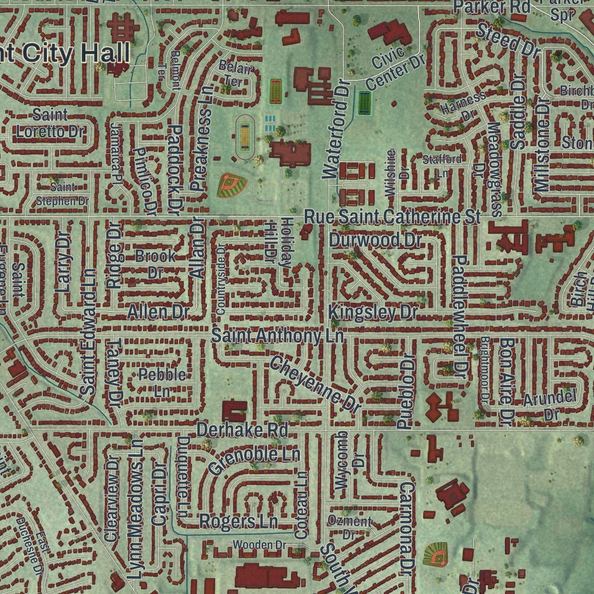Close-up of the map of Florissant, Missouri print showing street and building detail
