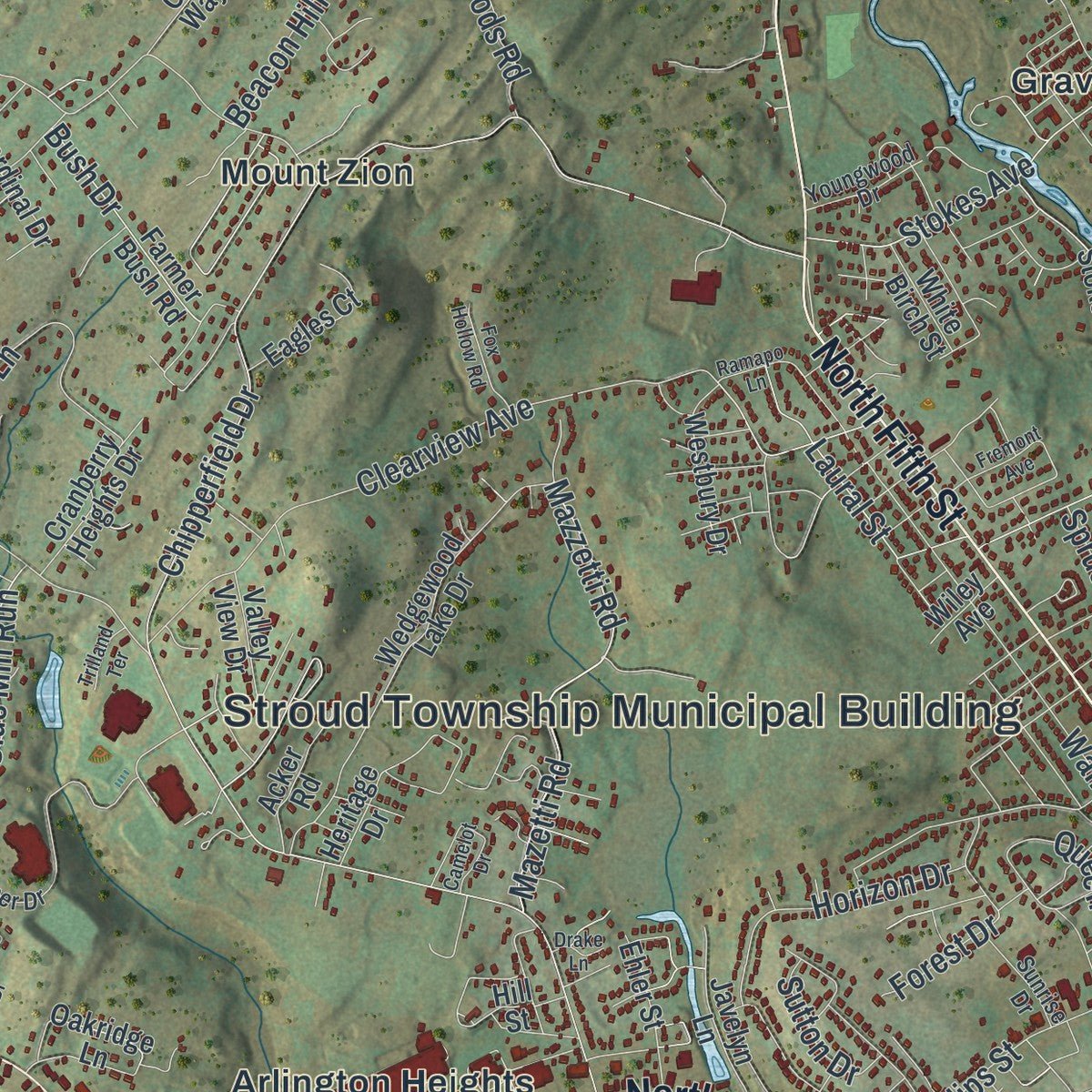 Close-up of the map of Stroud, Pennsylvania print showing street and building detail