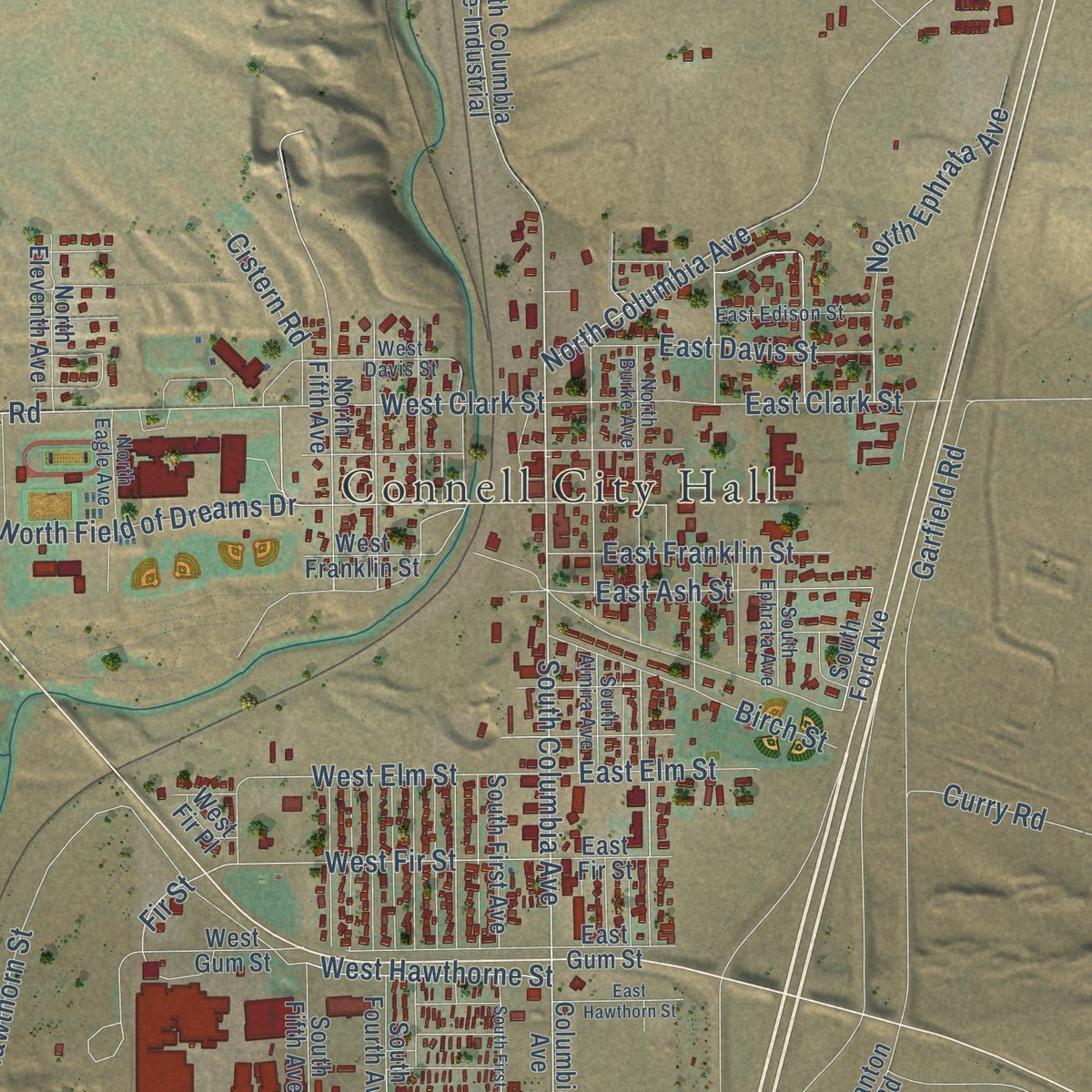 Close-up of the map of Connell, Washington print showing street and building detail