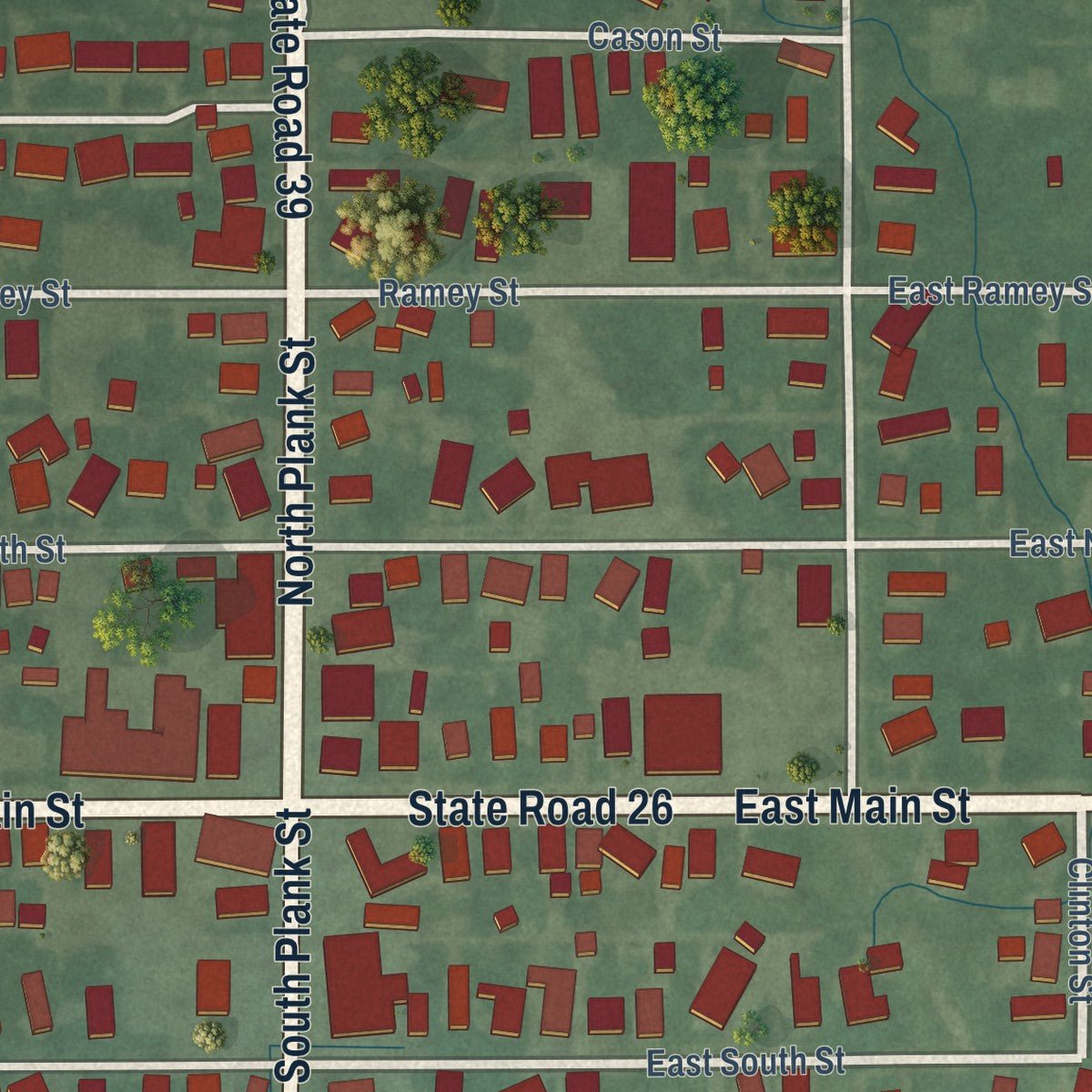 Close-up of the map of Rossville, Indiana print showing street and building detail