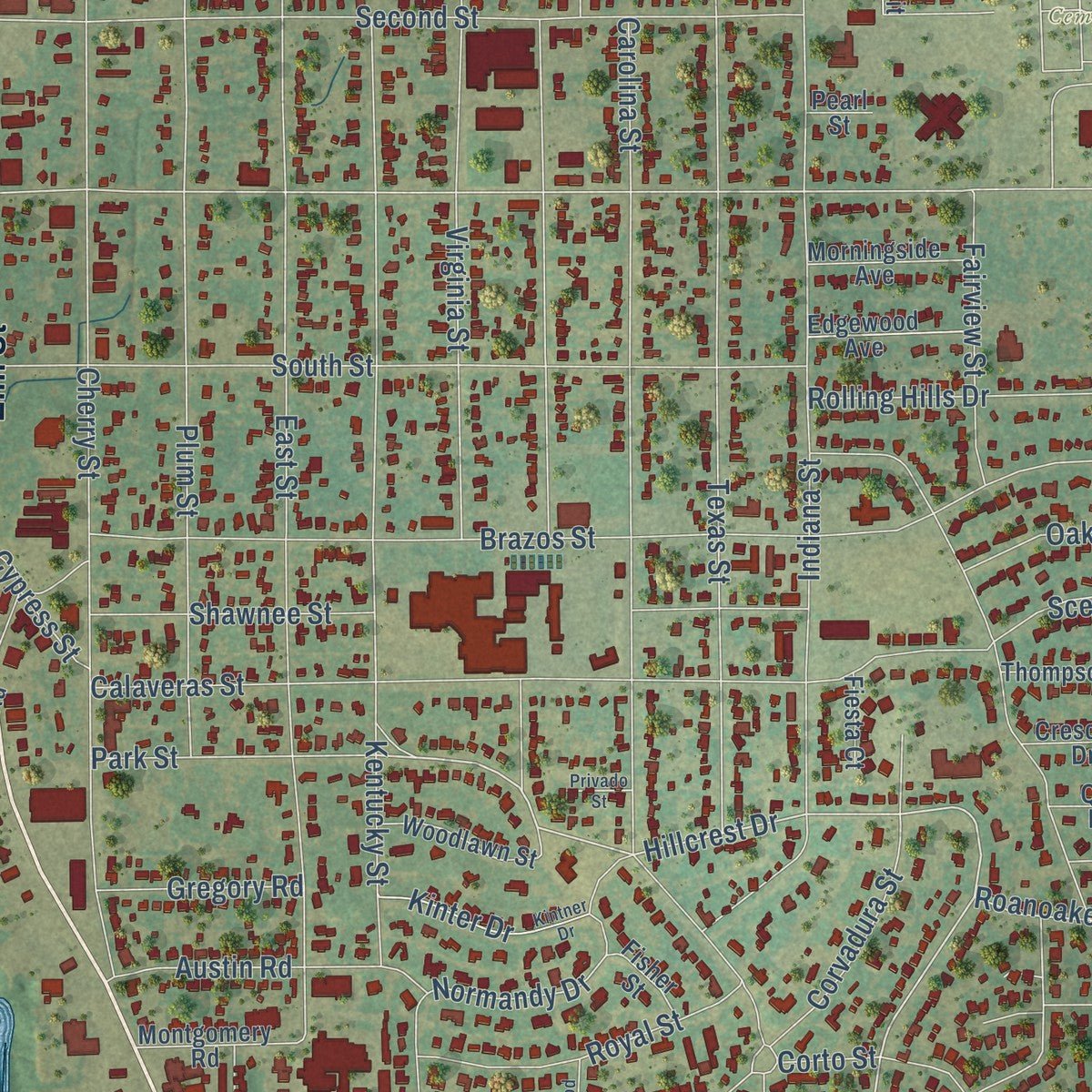 Close-up of the map of Graham, Texas print showing street and building detail
