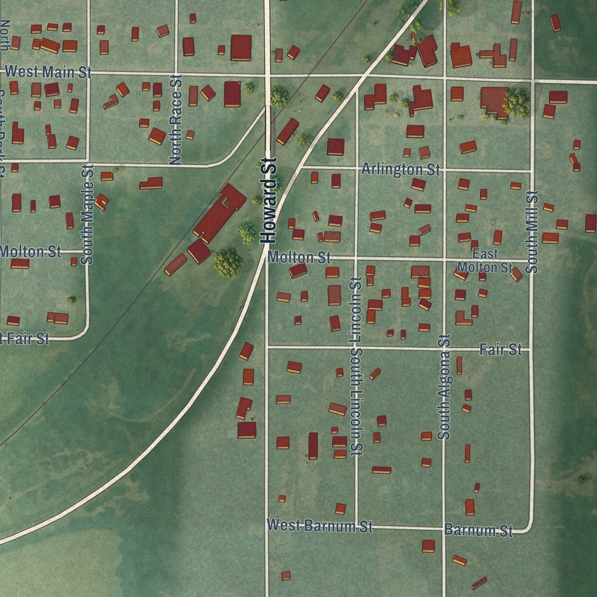 Close-up of the map of Arlington, Kansas print showing street and building detail