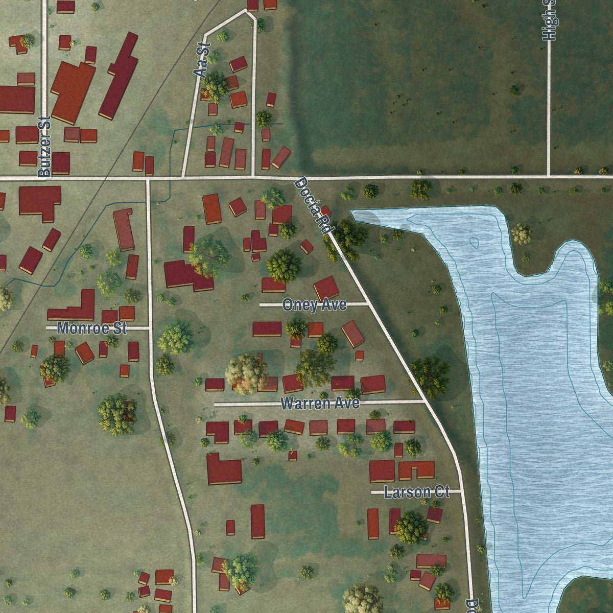 Close-up of the map of Hillsdale, Illinois print showing street and building detail