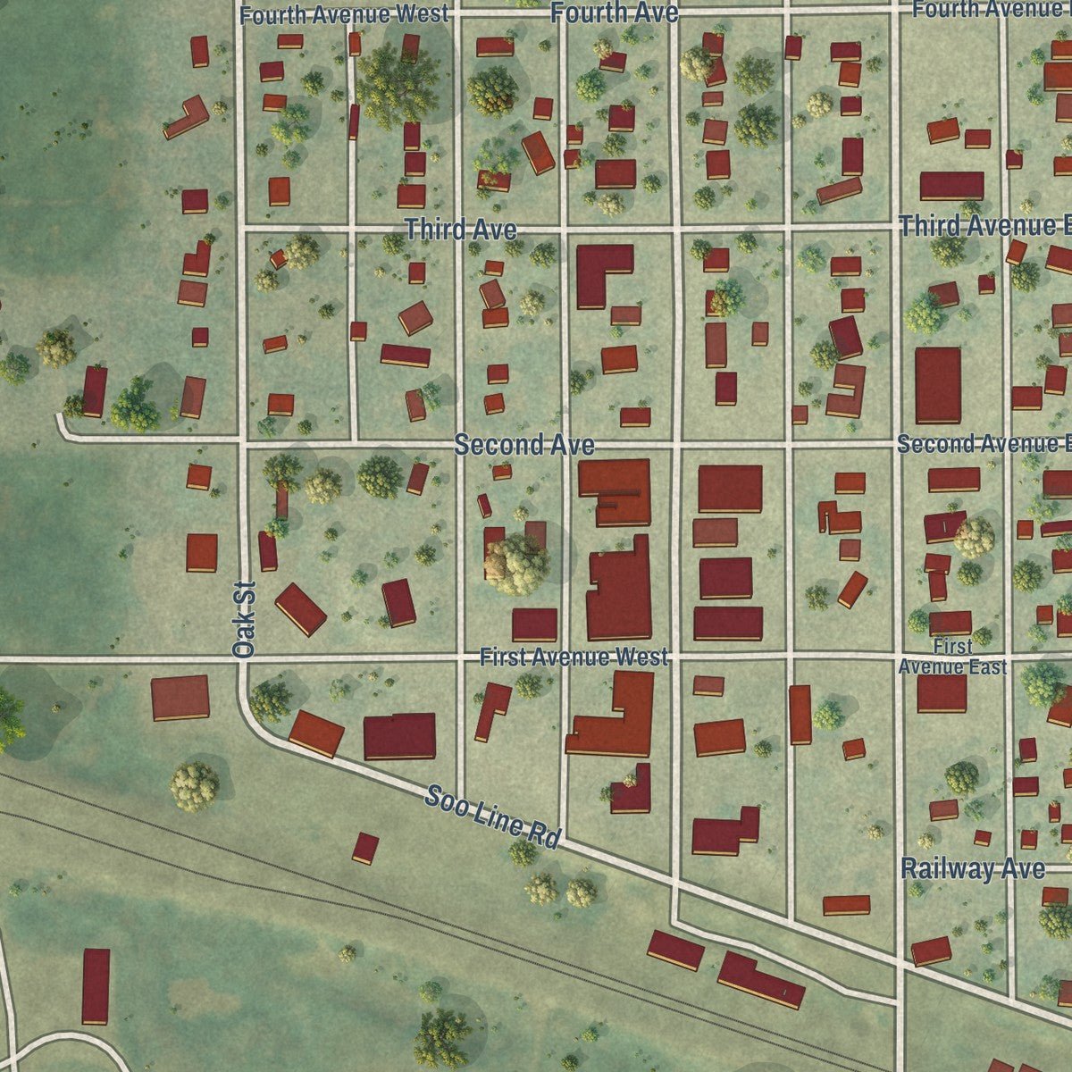 Close-up of the map of Drake, North Dakota print showing street and building detail