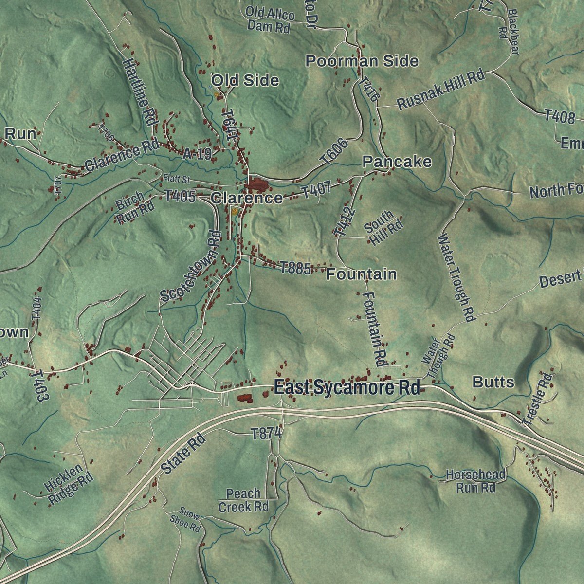 Close-up of the map of Snow Shoe, Centre County, Pennsylvania print showing street and building detail