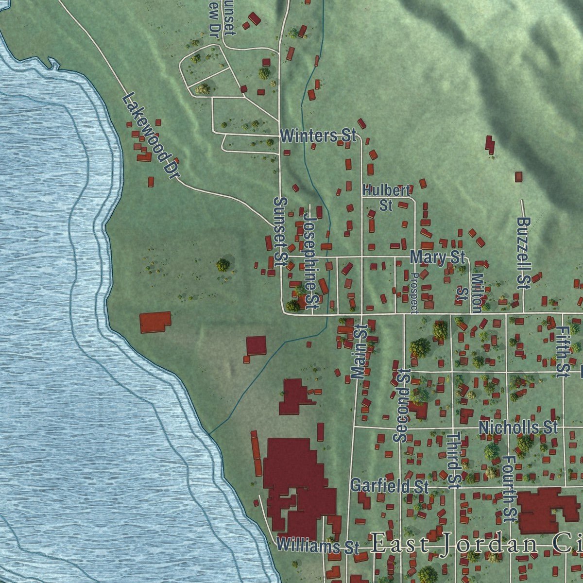 Close-up of the map of East Jordan, Michigan print showing street and building detail