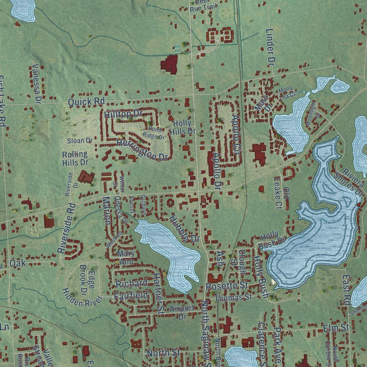 Close-up of the map of Holly, Oakland County, Michigan print showing street and building detail