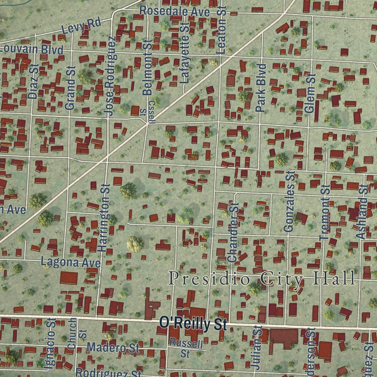 Close-up of the map of Presidio, Texas print showing street and building detail
