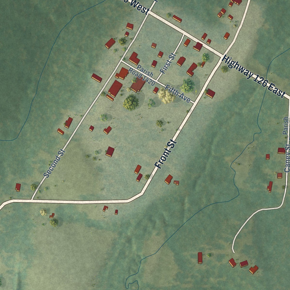 Close-up of the map of Sikes, Louisiana print showing street and building detail