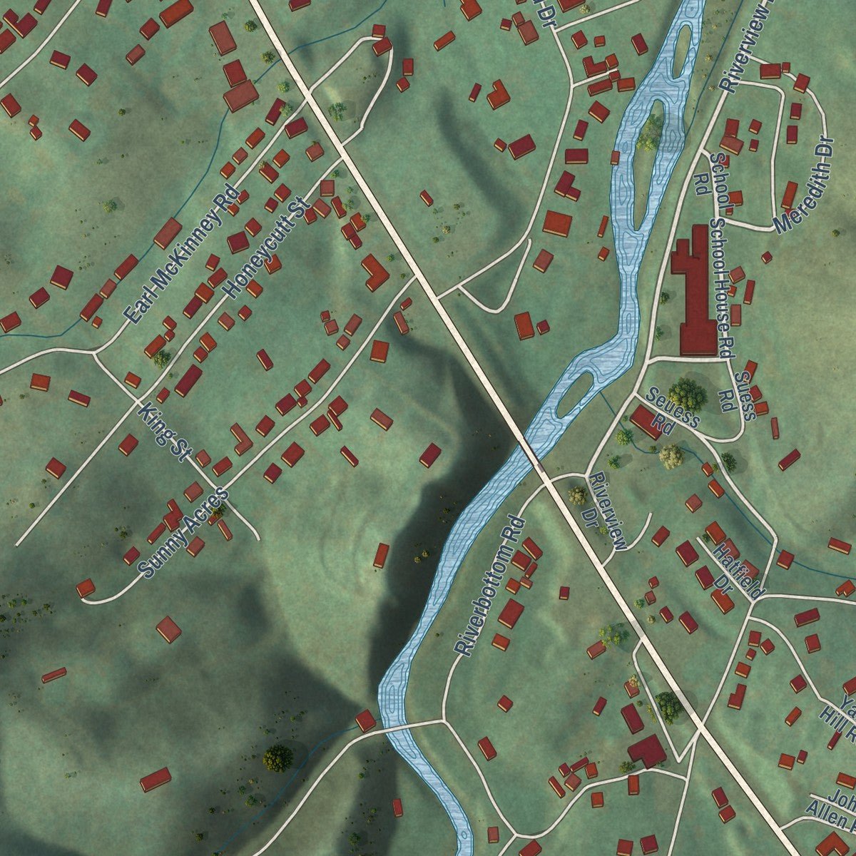 Close-up of the map of Valley Forge, Tennessee print showing street and building detail