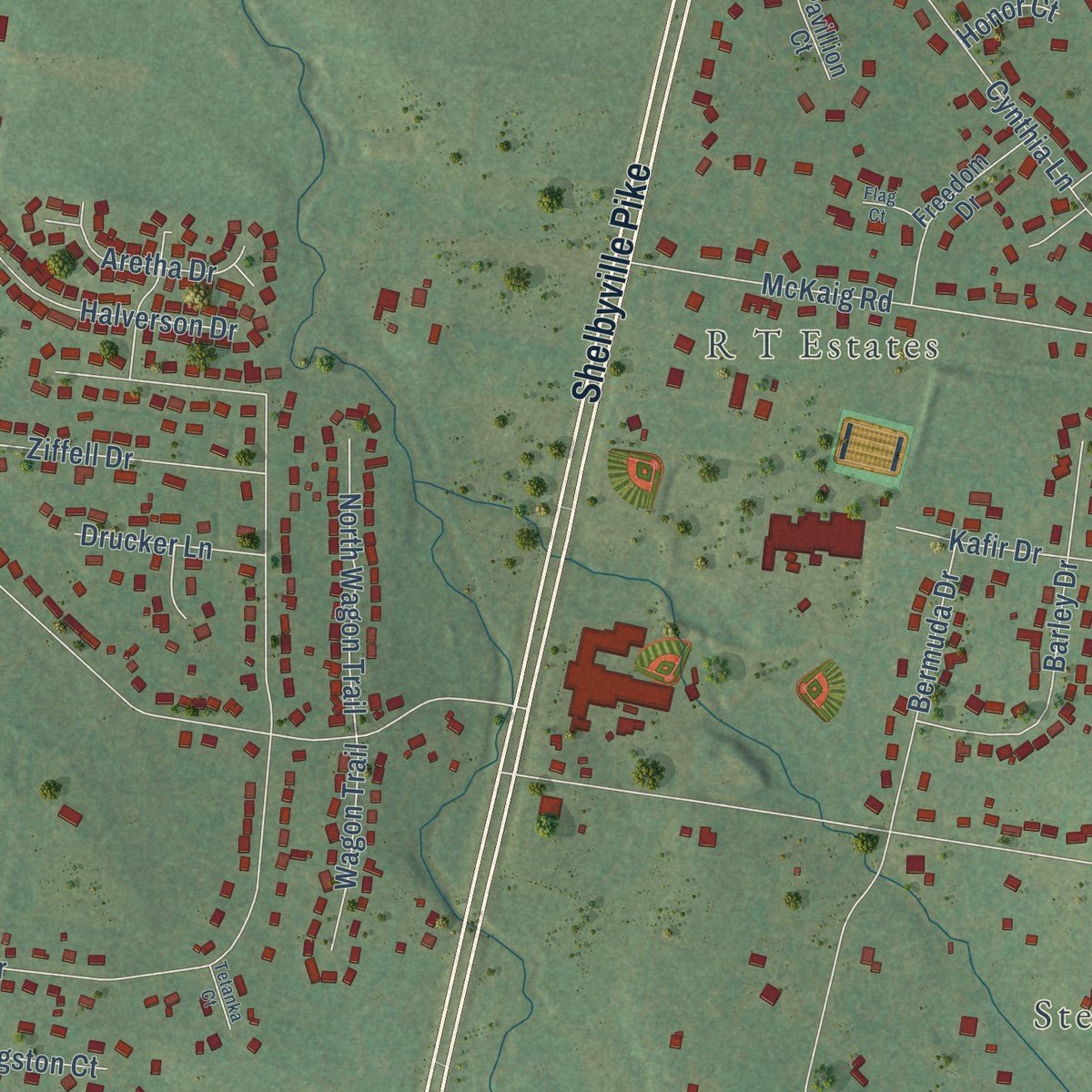 Close-up of the map of Christiana, Tennessee print showing street and building detail