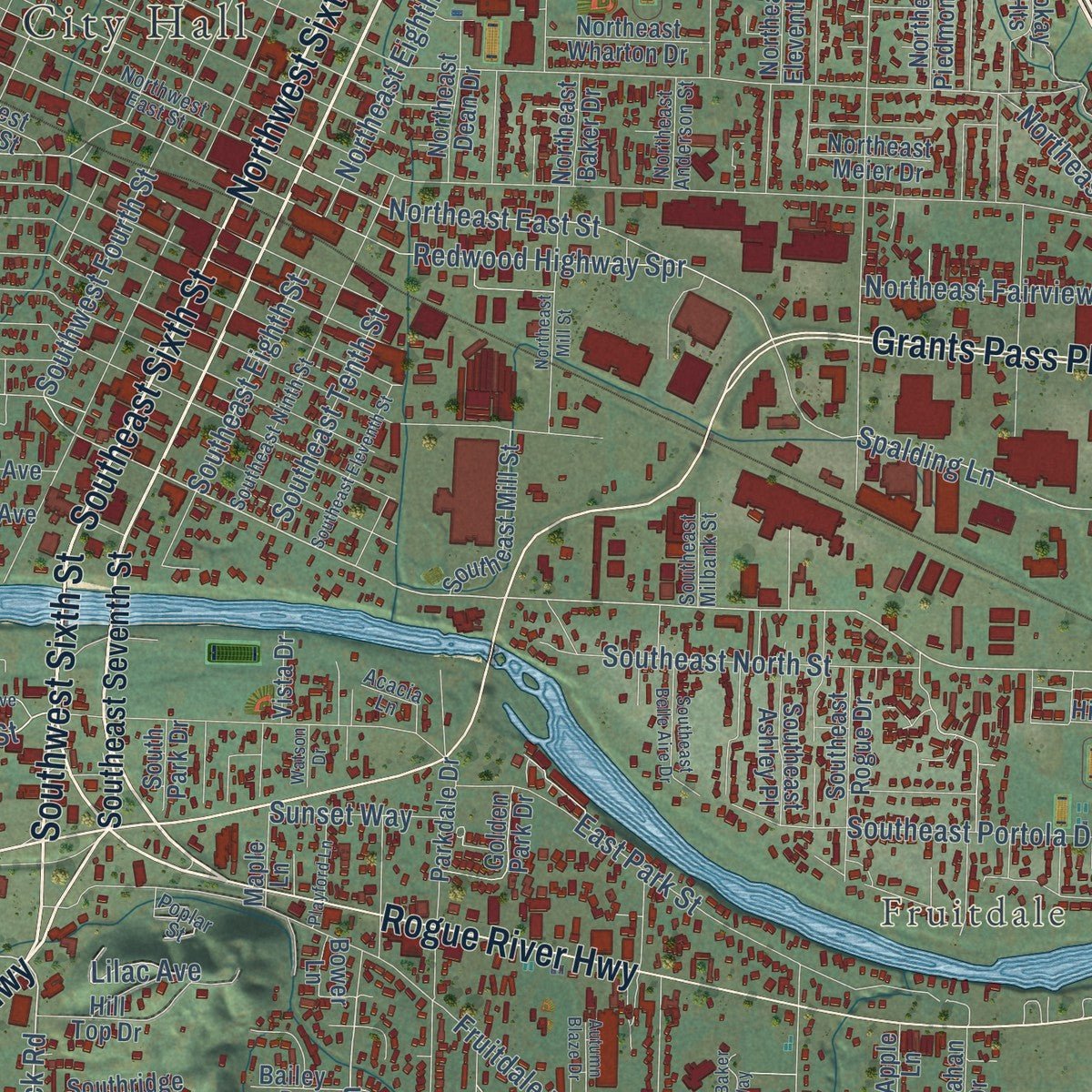 Close-up of the map of Grants Pass, Oregon print showing street and building detail