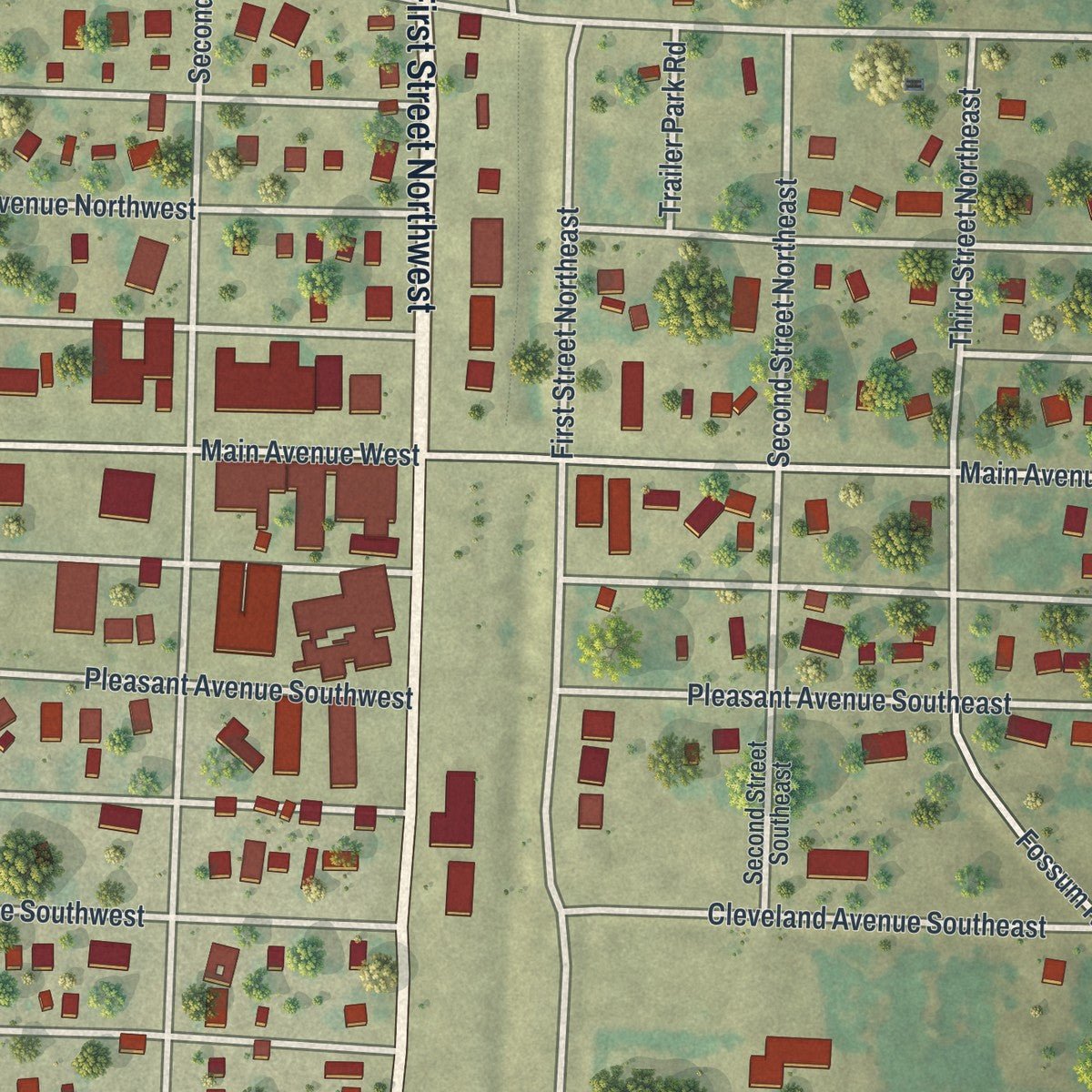 Close-up of the map of Twin Valley, Minnesota print showing street and building detail