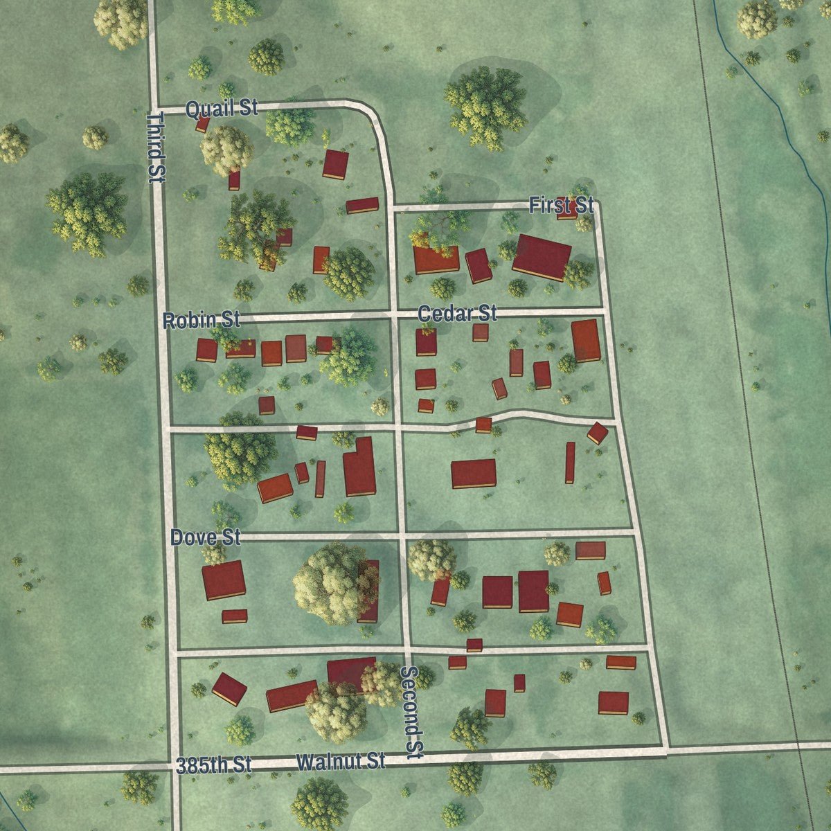 Close-up of the map of Tarnov, Nebraska print showing street and building detail