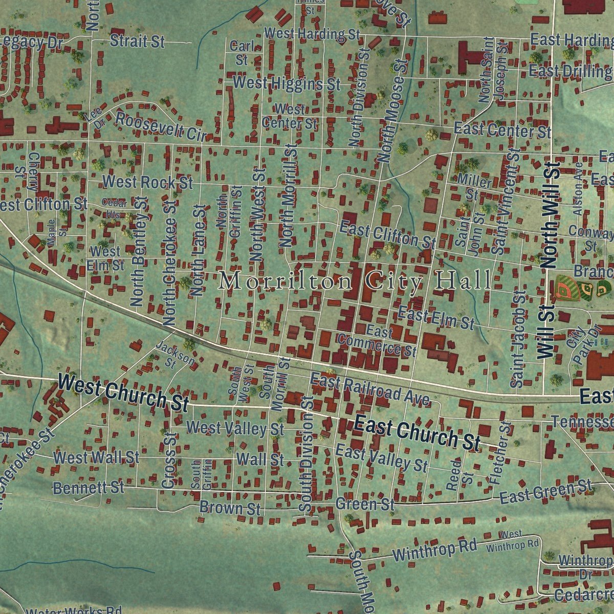 Close-up of the map of Morrilton, Arkansas print showing street and building detail